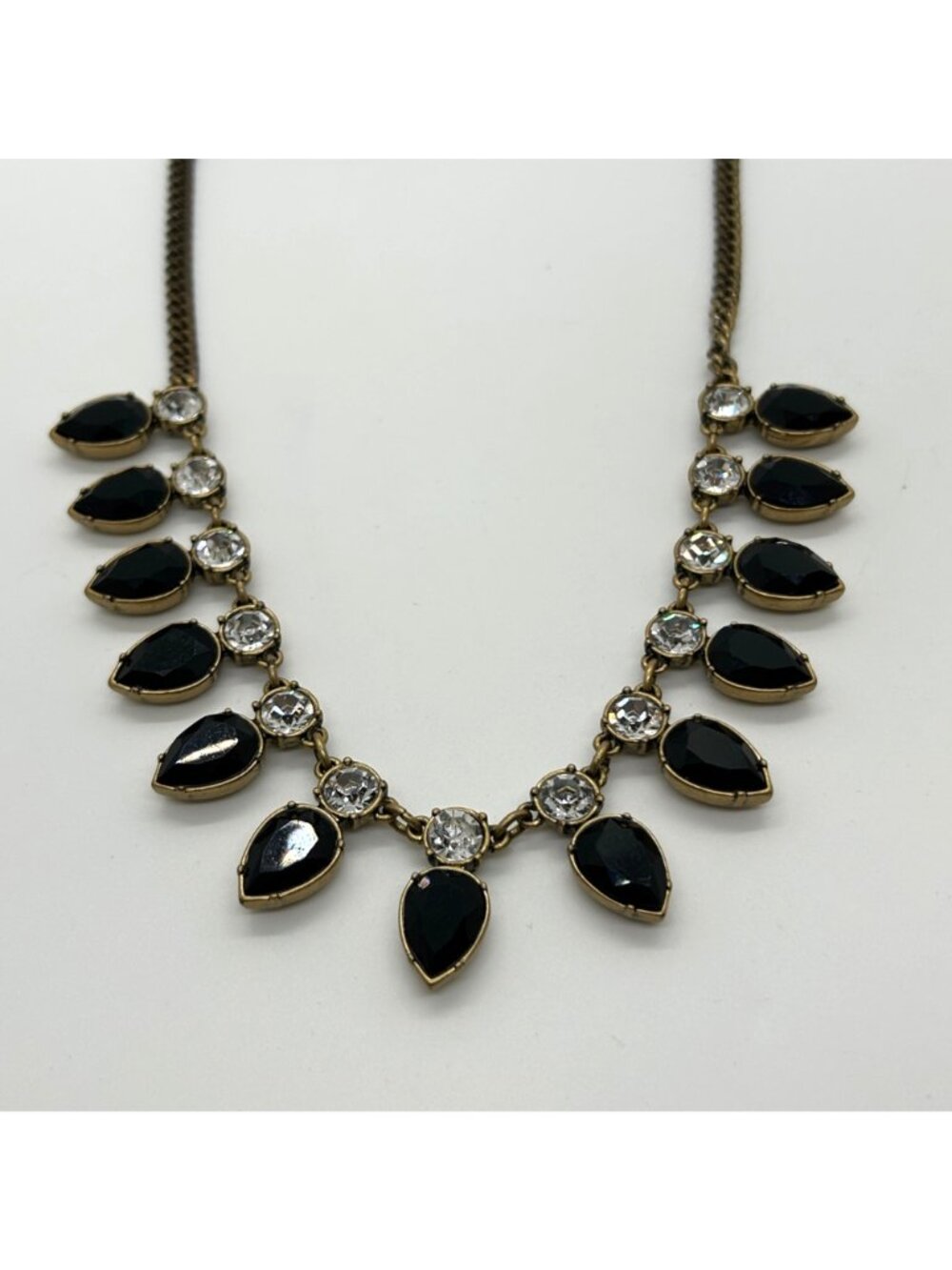 J.Crew Moody Black Necklace Teardrop Rhinestone Statement Antique Gold Bib - Picture 2 of 9